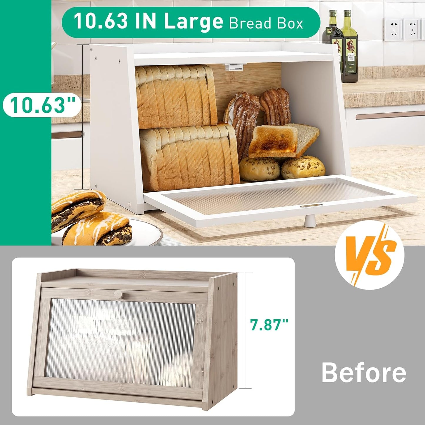 Bread Box for Kitchen Counter, Large Bamboo Bread Storage Container with Wavy Arcylic Door, Bamboo Wooden Farmhouse Bread Box for Your House (White, Medium)