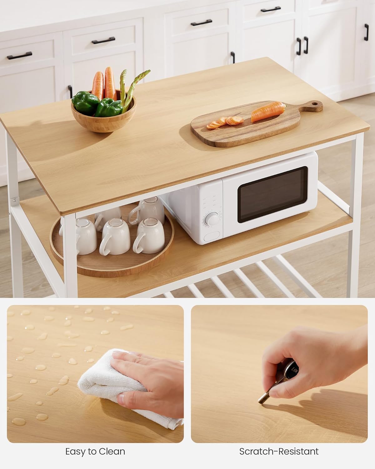 VASAGLE Kitchen Island with 3 Shelves, 39.4 Inches Width Kitchen Shelf with Large Worktop, Stable Steel Structure, Industrial, Easy to Assemble, Oak Color and White UKKI005W09