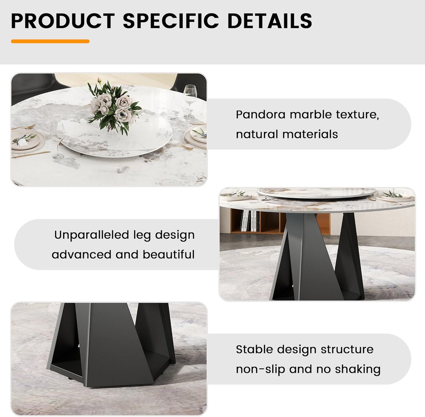 Montary 9 Piece Dining Table Chairs Set, Modern Dining Table Set of 8, Includes 59" D Marble Round Table with Black Iron Metal Base, 8 Gray White Dining Chairs for Home, Kitchen