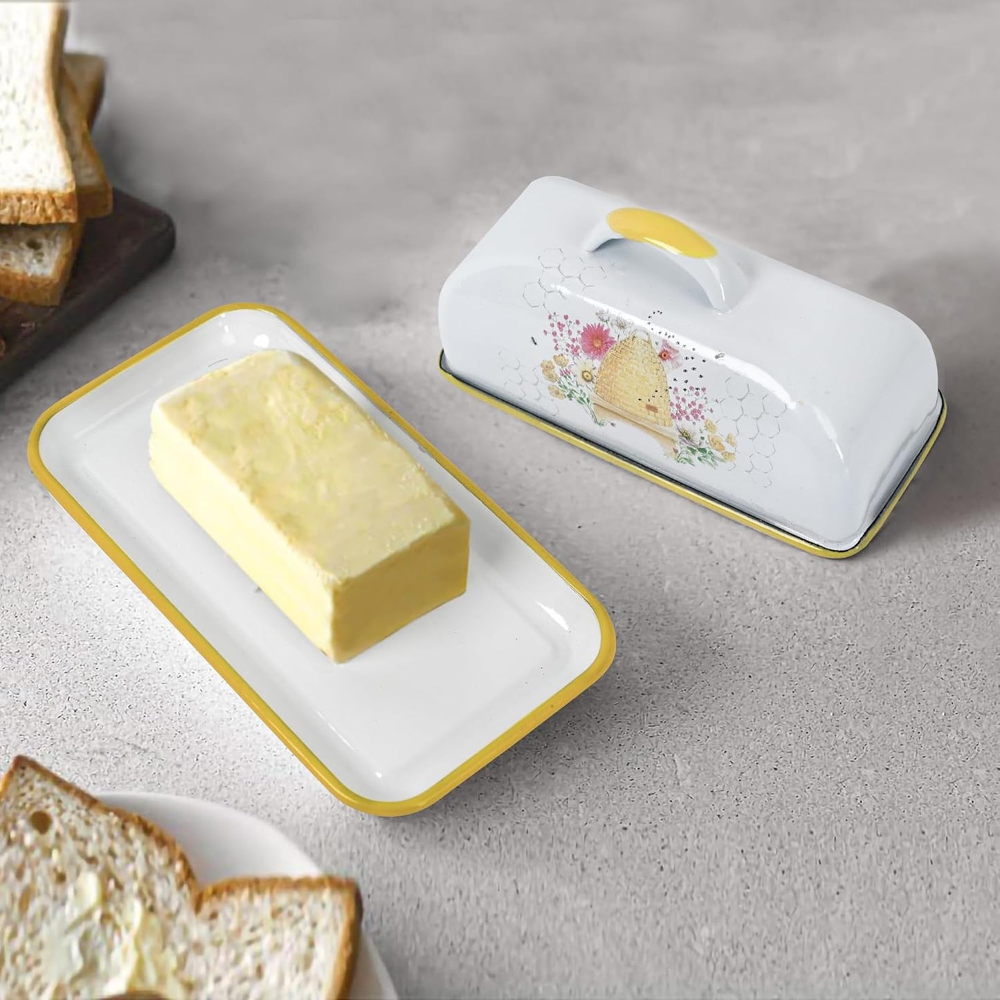 Enamel Butter Dish with Lid Vintage Enamelware Butter Keeper with Flower and Bird Patterns Farmhouse Butter Container Butter holder for Countertop Kitchen Decor(Orange)