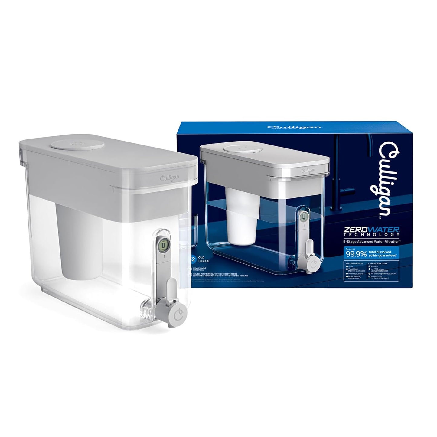 Culligan with ZeroWater Technology 32-Cup Water Filter Dispenser – Includes 5-Stage Advanced Water Filter, Certified to Reduce Lead, Total PFAS (Forever Chemicals), Mercury, Fluoride, and Chlorine