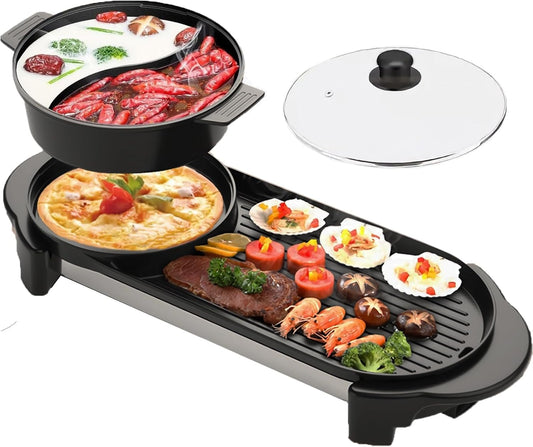 Hot Pot with Grill, Electric Hot Pot 2 in 1 Shabu Shabu Hot Pot Korean BBQ Grill, Removable Hotpot Pot 1200W / Large Capacity Baking Tray, Separate Temperature Control, Electric Grill for 2-12 People