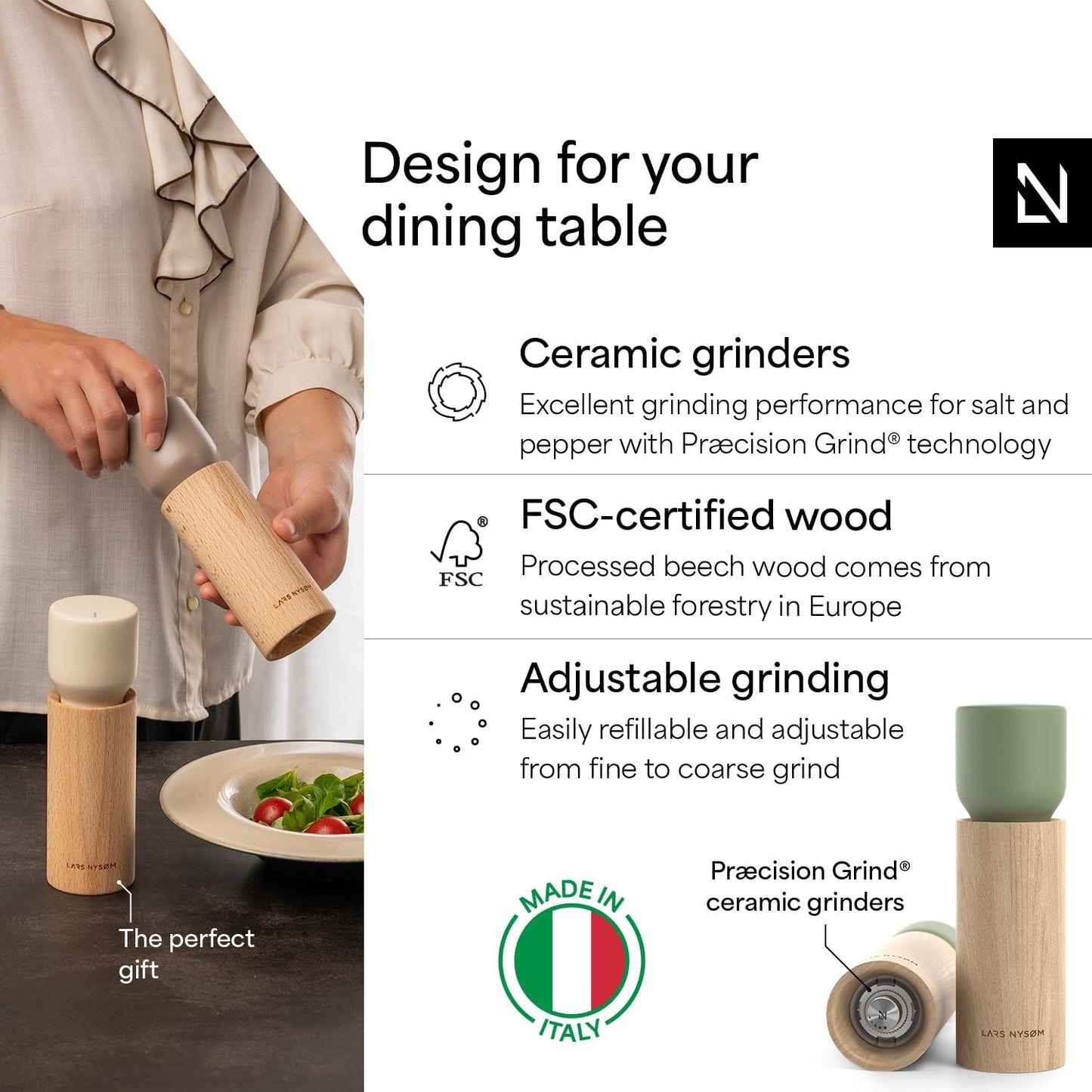LARS NYSØM Wooden Salt and Pepper Grinder Set Manual with Tray - Salt and Pepper Mills with Adjustable Ceramic Grinder - Elegant Beechwood Pepper and Salt Mill Set for Dining Table (Sage Green)