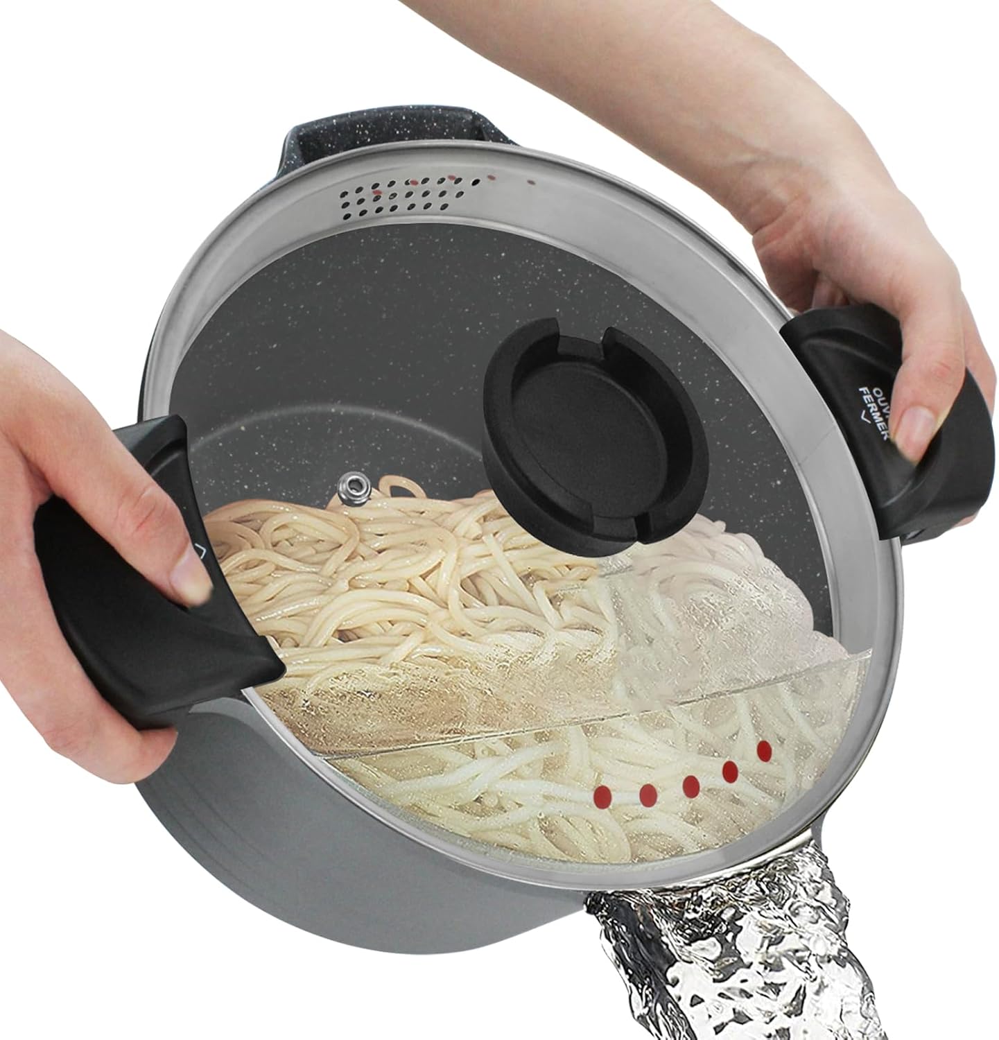 5QT Pasta Pot with Strainer Lid, 9.5'' Cast Aluminum Nonstick Multipurpose Stock Pot Spaghetti, Self-Draining Cooking Pot with Insulated Handles for Soup, and Boiling