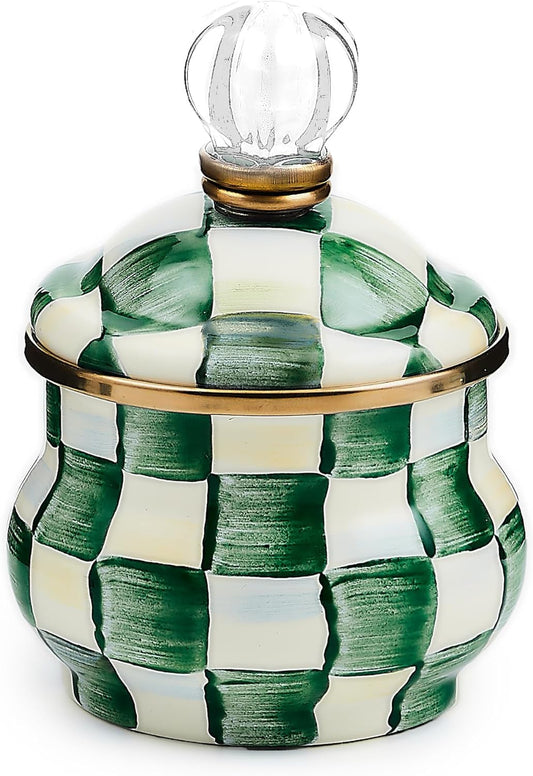 MACKENZIE-CHILDS Enamel Lidded Sugar Bowl, Small Serving Bowl with Lid, 10-Ounce Capacity, Green-and-White Emerald Check