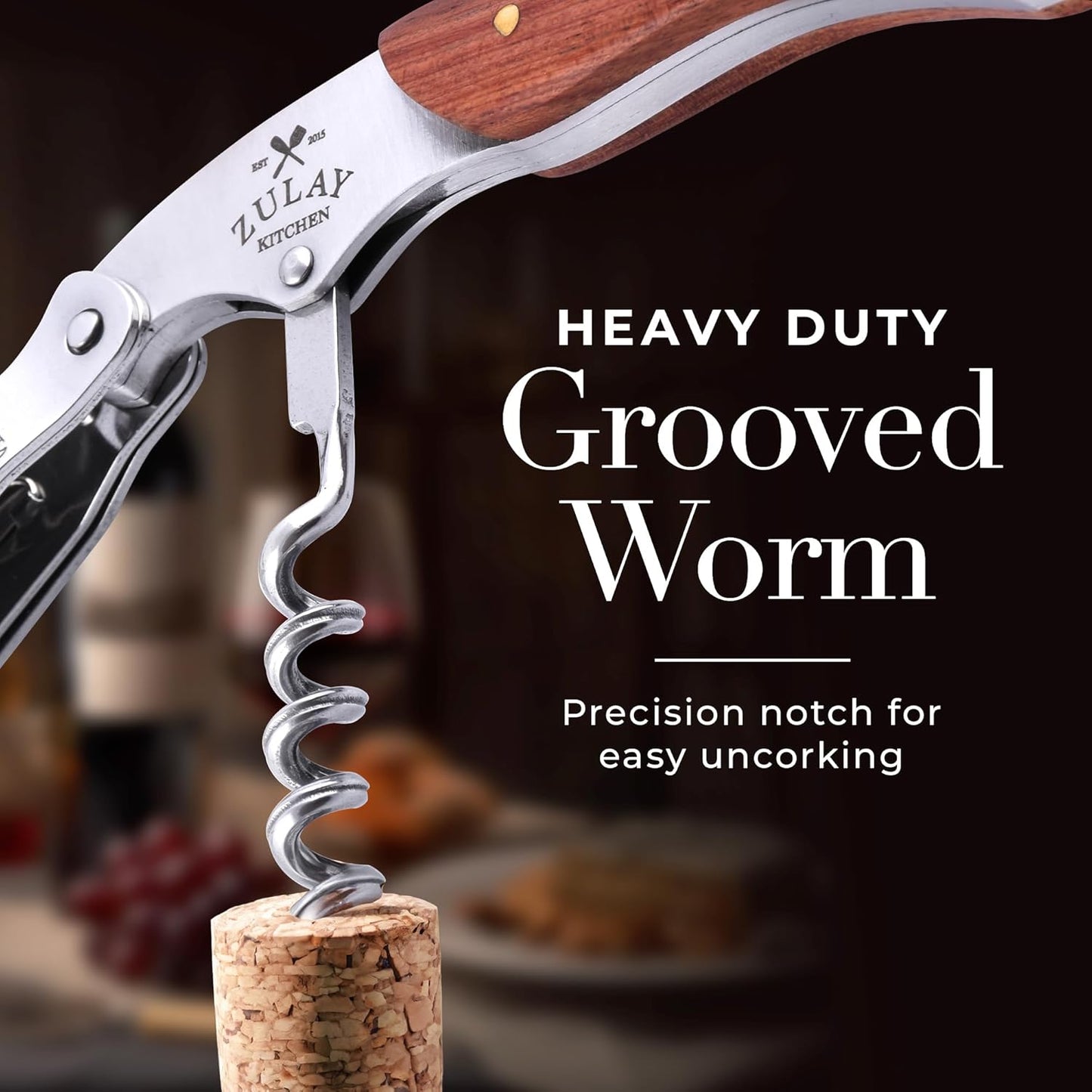 Zulay Kitchen Corkscrew Wine Opener - Premium 420 Stainless Steel & Rosewood Wine Bottle Opener - Double Hinged Opener with Foil Cutter & Cap Remover - Rosewood