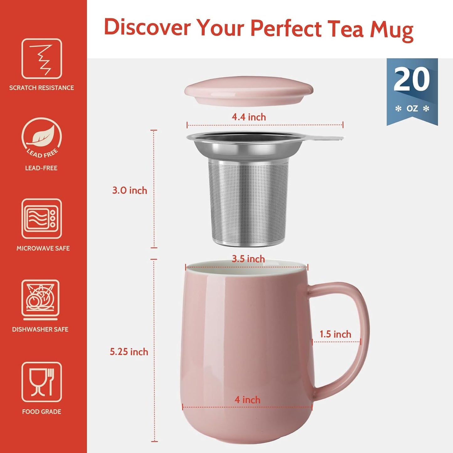 Sweese 20 OZ Porcelain Tea Mug with Infuser and Lid, Loose Leaf Tea Cup, Gifts for Tea Lover - Pink