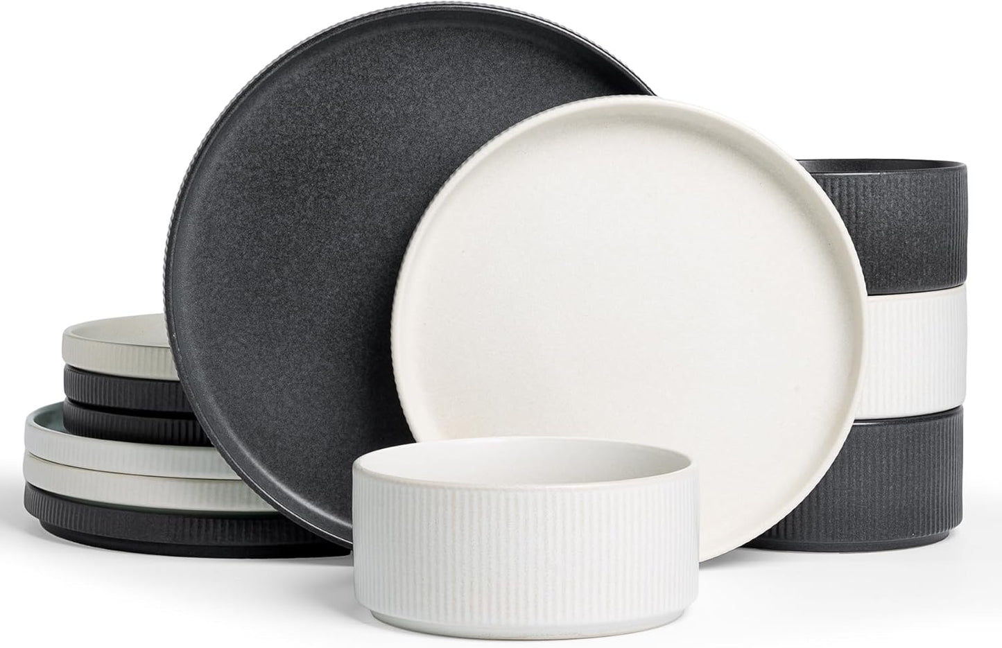 Famiware Star Dinnerware Set, Plates and Bowls Sets for 4 (12pcs), Ribbed Stoneware Dishes - Chip & Scratch Resistant, Microwave & Dishwasher Safe, Multicolor - Matte White & Matte Dark Charcoal