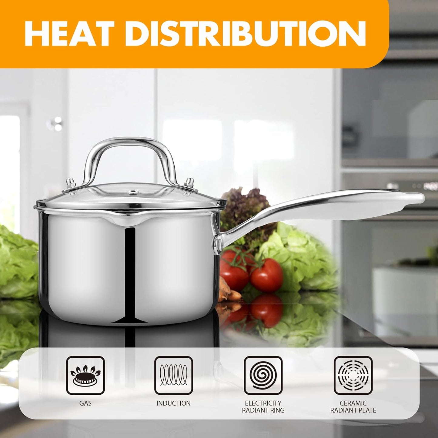 Stainless Steel Saucepan with Glass Lid, 2.0 Quart Multipurpose Sauce Pan, Sauce Pot with for Easy Pour with Ergonomic Handle