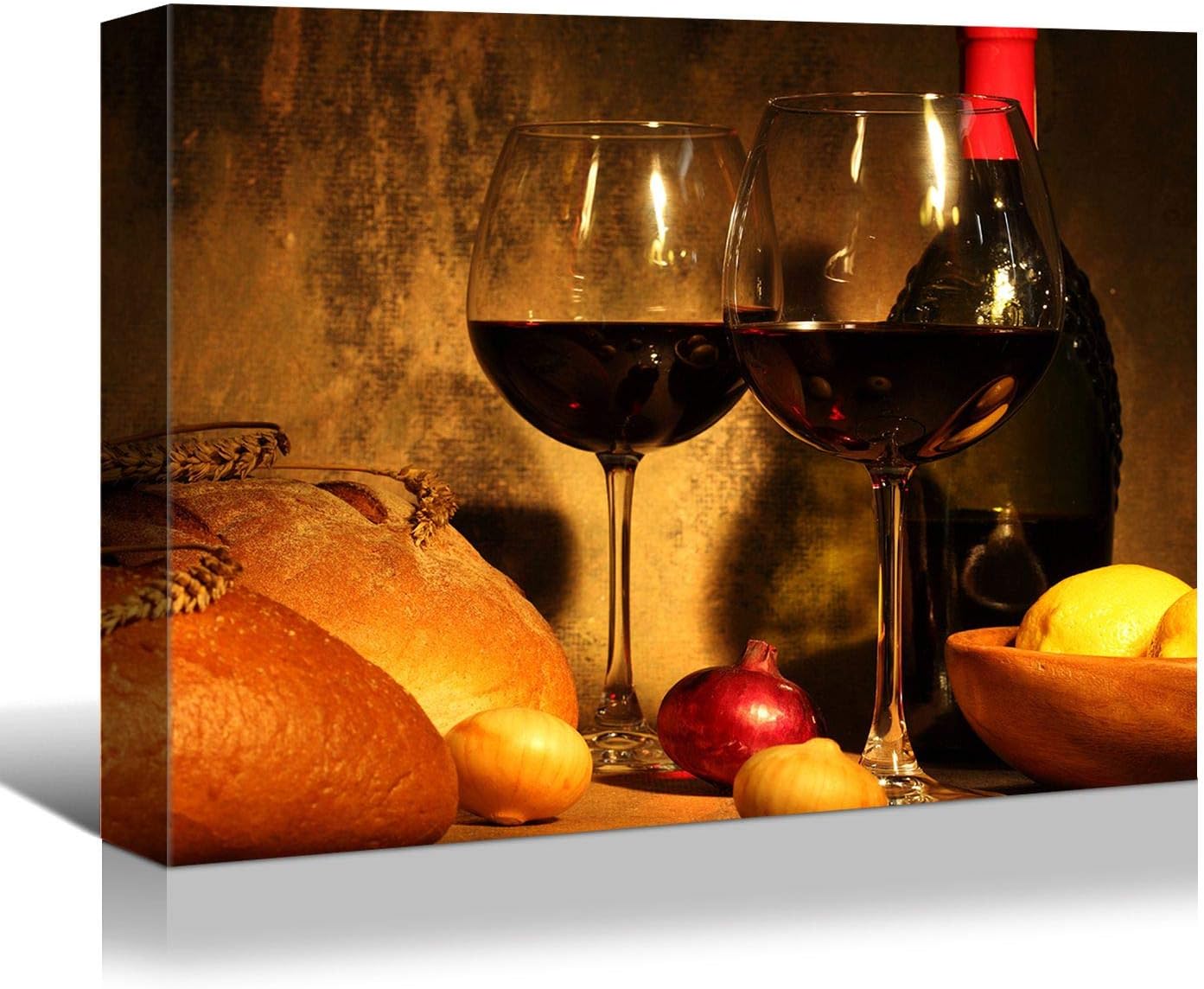 Looife Kitchen Still Life Canvas Wall Art, 16x12 Inch Gallery Wrapped Wine Cup with Bread Picture Prints Wall Decor, Food Art Deco for Dining Room and Bar