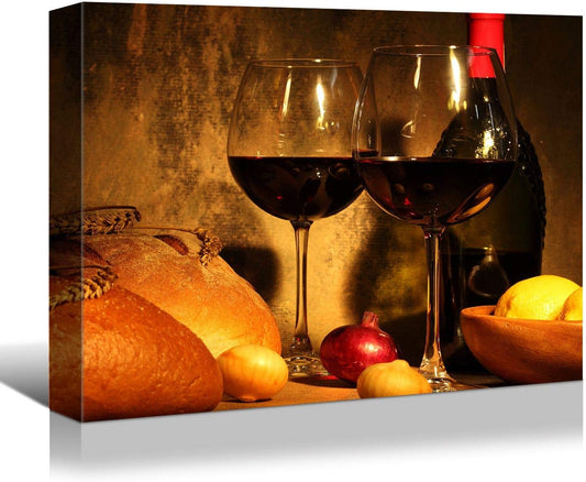 Looife Kitchen Still Life Canvas Wall Art, 18x12 Inch Gallery Wrapped Wine Cup with Bread Picture Prints Wall Decor, Food Art Deco for Dining Room and Bar