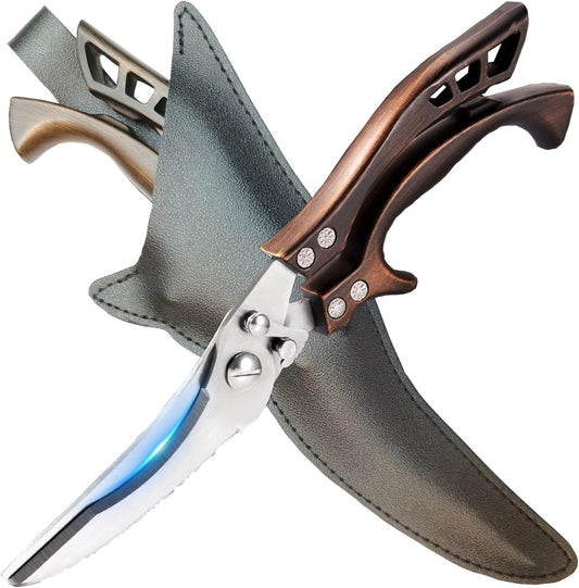 ANDONG Kitchen Scissors, Heavy Duty Professional Poultry Shears, Stainless Steel Spring Loaded, Dishwasher Safe, with Black Leather Sheath