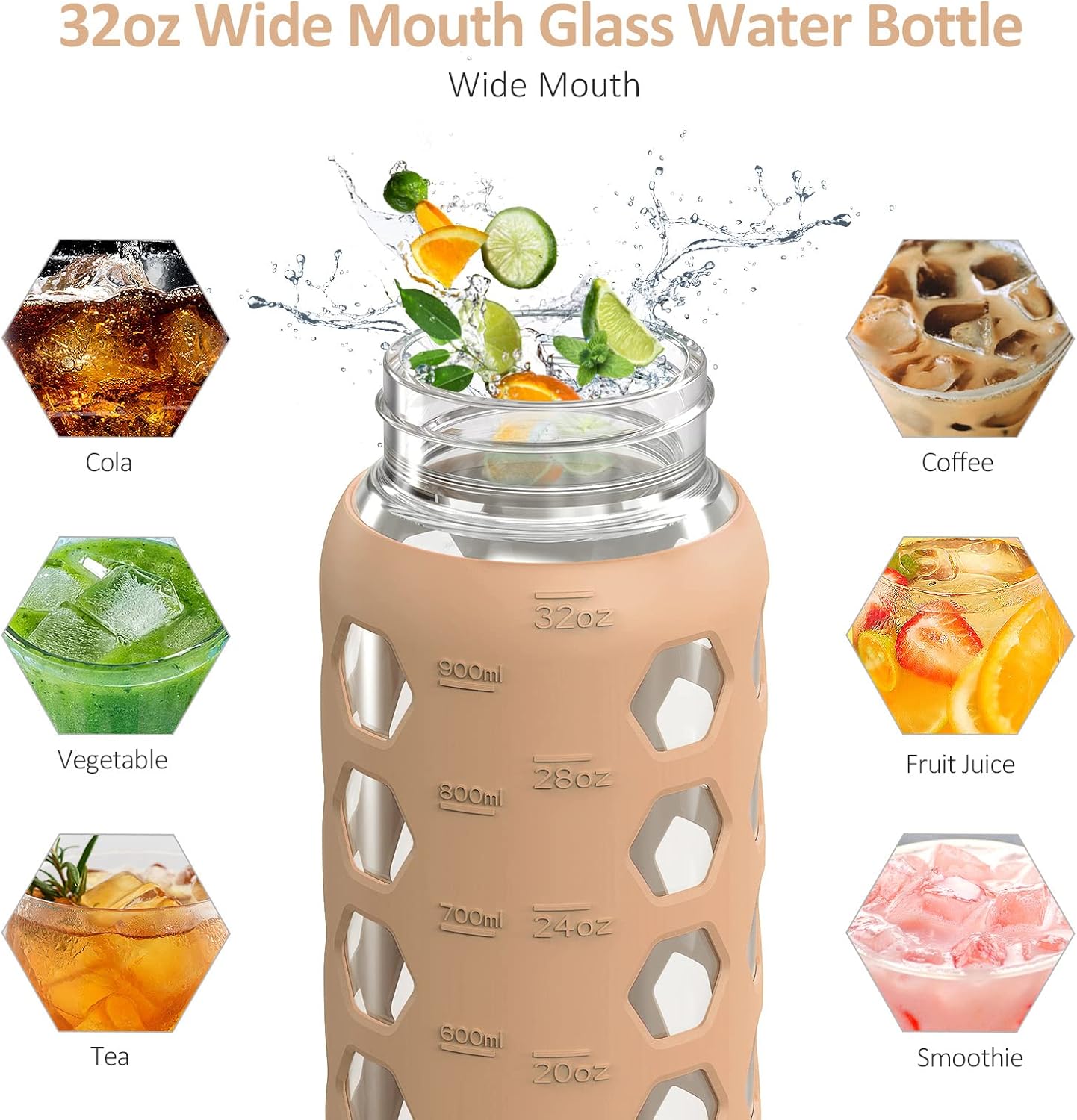 MUKOKO 32oz Glass Water Bottles with 2 Lids-Handle Spout Lid&Bamboo Straw Lid, Motivational Water Tumbler with Time Marker Reminder and Silicone Sleeve, Leakproof-Amber-1 Pack
