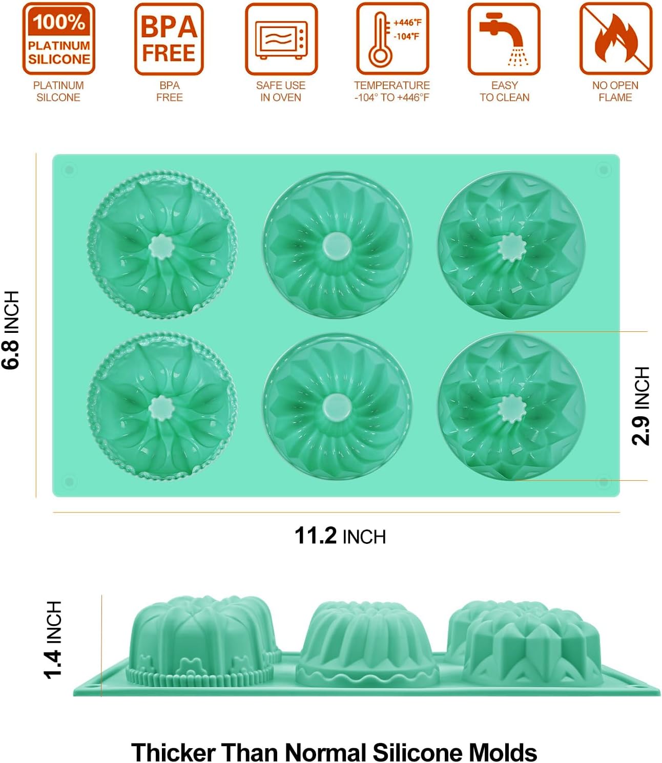 HUAKENER 2 Pcs Mini Fluted Cake Pan, 6-Cavity Fluted Tube Cake Pan, Non-stick Silicone Baking Mold for Cupcakes, Donuts, Cornbread, Brownies, Jellies