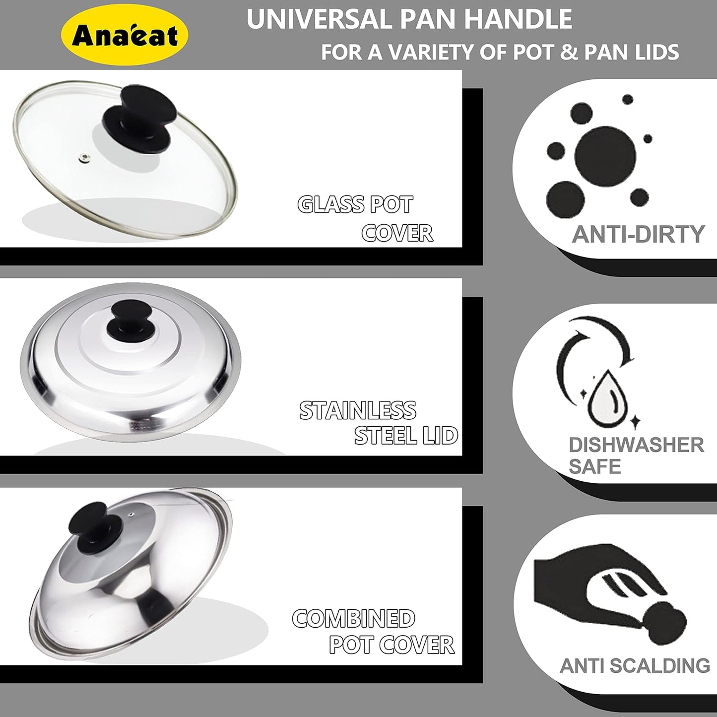 Anaeat Universal Pot Lid Replacement Knobs - Heat Resistant Silicone Pan Lid Holding Handles, Soft Non-Slip Knob for Kitchen Cookware Lid & Cover (2 Pack Black)
