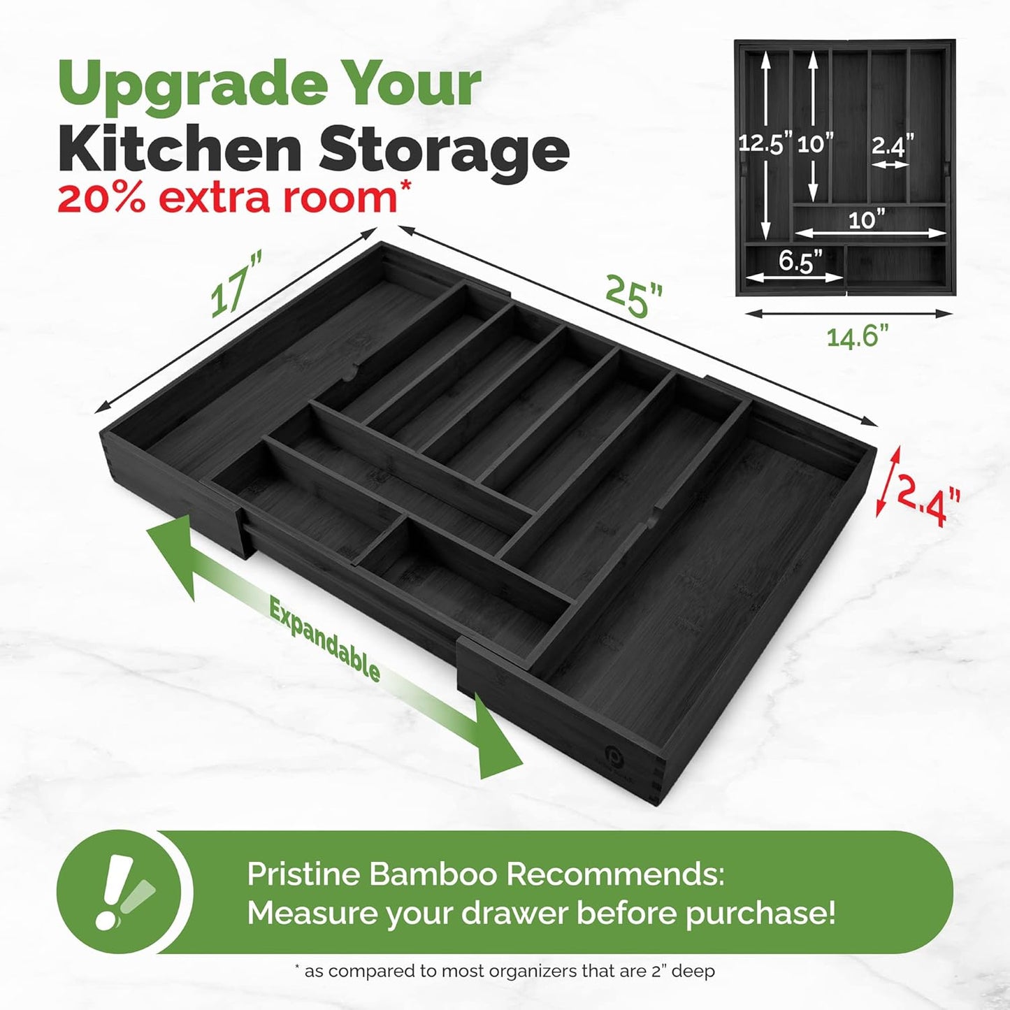 Silverware Organizer - Expandable Kitchen Drawer Organizer - Adjustable Kitchen Drawer Organizer for Utensils, Expandable to 25 Inches Wide, 10 Slots - Black