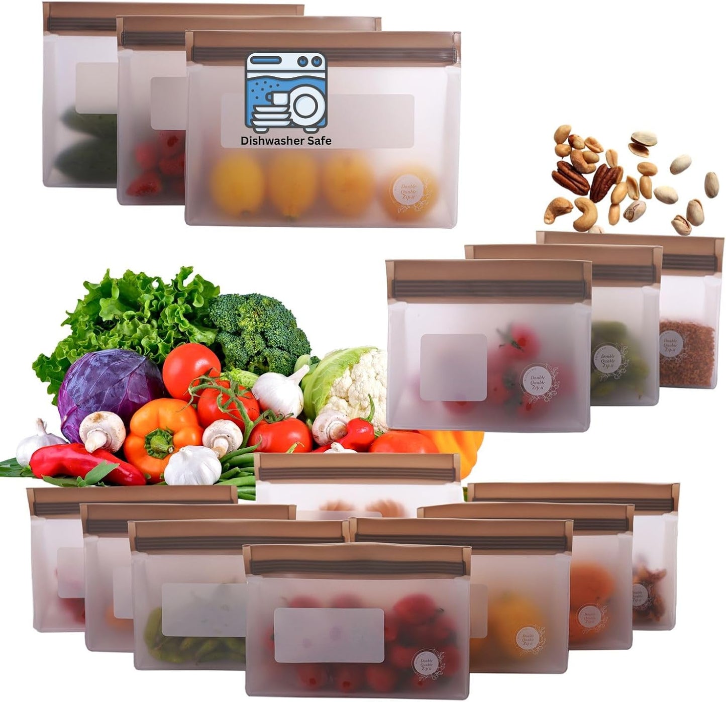 Reusable Silicone Food Storage Bags – 14-Pack Stand-Up, BPA-Free, Freezer, Dishwasher Safe & Eco-Friendly – 3 L, 8 M, 3 S Bags – Airtight Leakproof, Sandwich, Snack, and Meal Prep Baggies (Grey)