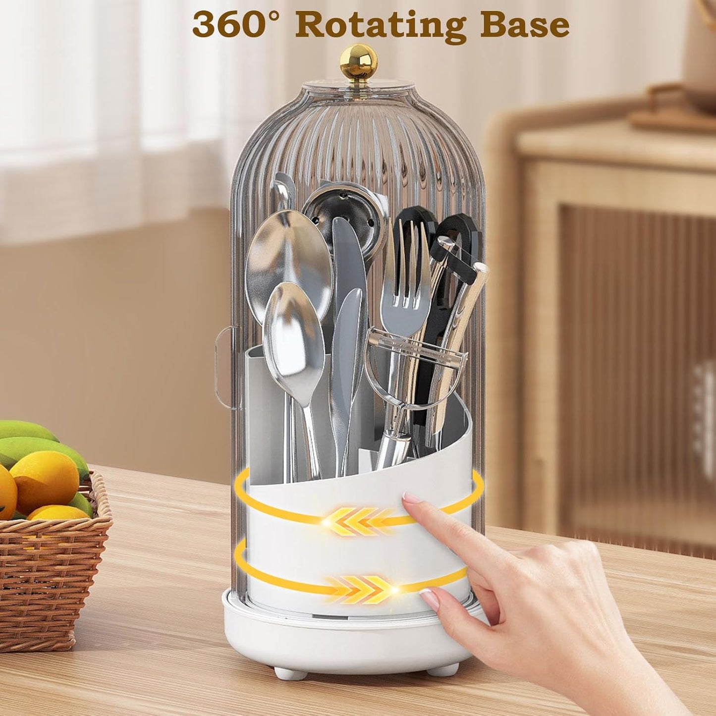 JEESA Utensil Holder with Lid, 360° Rotating Flatware Organizer for Cutlery Spoon Fork(H Less 8"), Silverware Caddy Organizer Drainage Dustproof Flatware Holder Kitchen Countertop Storage, Gray