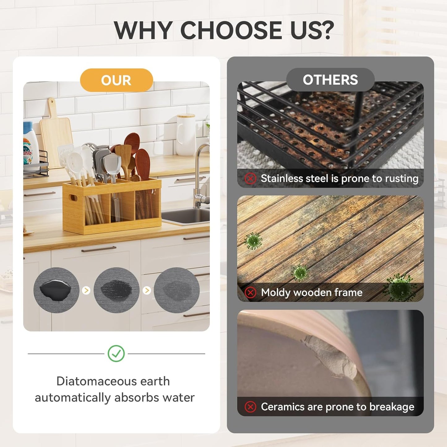 Yofidra Bamboo Utensil Holder & Silverware Organizer: Extra Large Cooking Holder with Absorbing Drying Stone and 6 Compartments Kitchen Countertop Storage Farmhouse Decor Accessories 11.8"X4.7"X5.9"