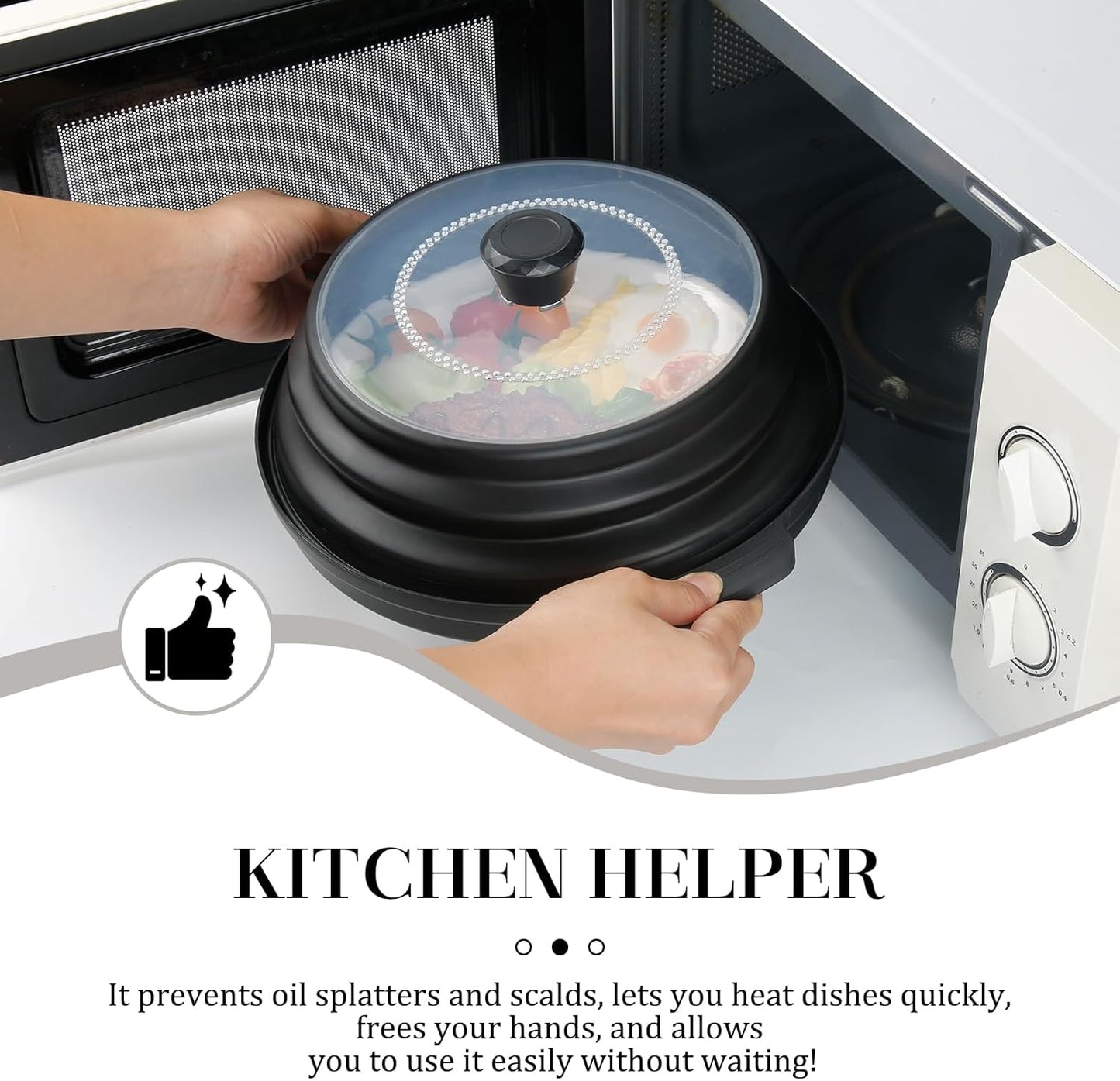 10.7 Inch Microwave Food Cover with Heat Insulation Mat, Anti-Scald Collapsible Microwave Splatter Cover, Multi-Functional as Colander & Fruit Plate, Dishwasher Safe, Ideal for Meal Prep (Transparent)