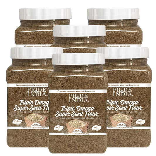 Pride of India - PACK of 6 - Triple Omega Superseed Flour 1 lbs (454 gm) Nutty Earthy Taste Milled in Small Batches | Chia Flax Sesame Seed mix | Used for Cooking Baking Coating Muffins Smoothies