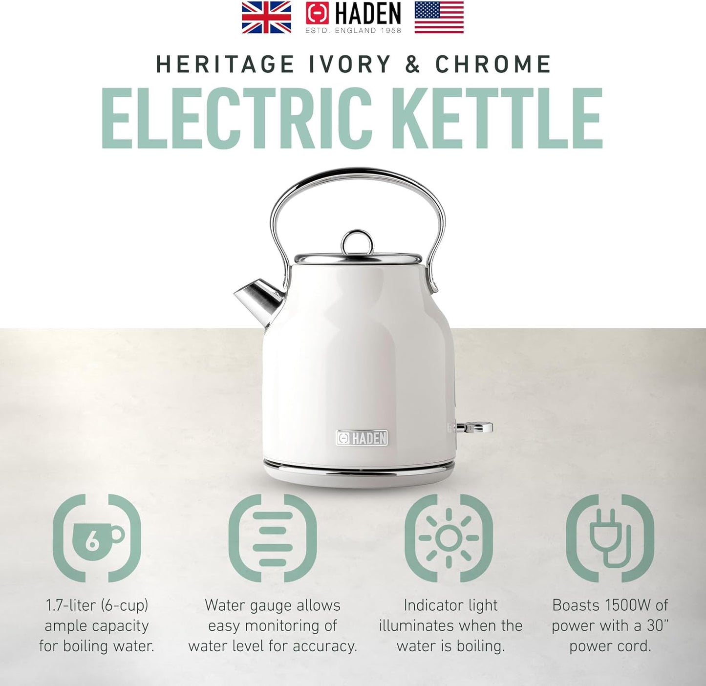 Haden Heritage 1.7 Liter Stainless Steel Electric Kettle, Hot Water Kettle with 360-Degree Base and Auto Shutoff, Ivory & Chrome