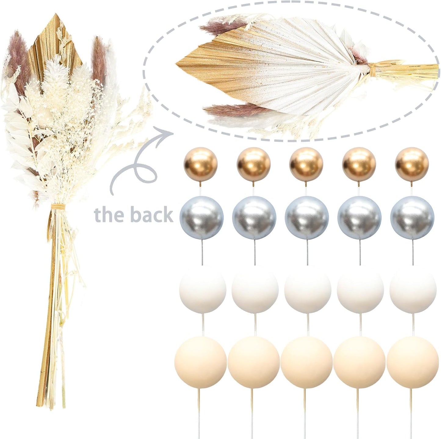 Gyufise 21 Pack Flower Boho Cake Topper Ball Cake Decorations Palm Leaves Plants Cake Decor for Girl Bohemian Princess Theme Wedding Baby Shower Birthday Party Supplies White