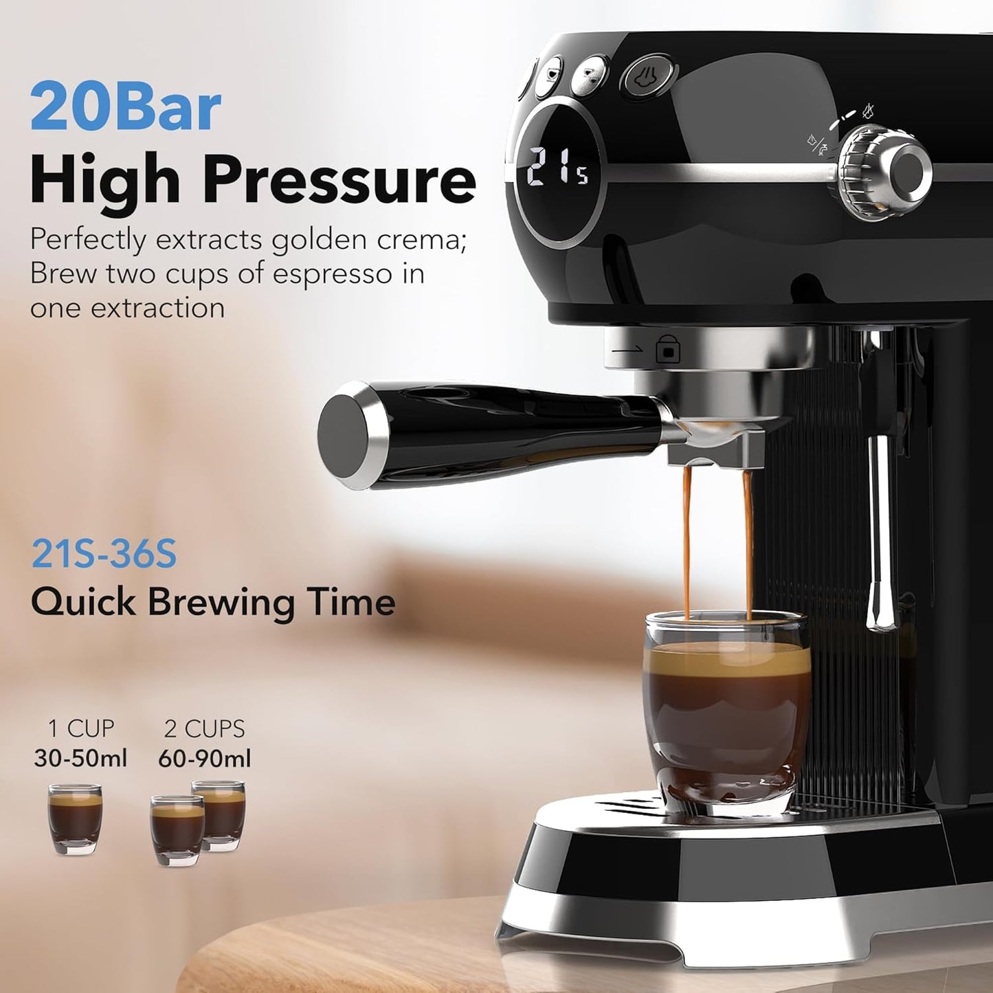HBN 20Bar Compact Espresso Machine with Milk Frother, 27oz Removable Water Tank for Small Spaces, Fast Heat-Up Home Coffee Maker for Latte, Cappuccino, Americano