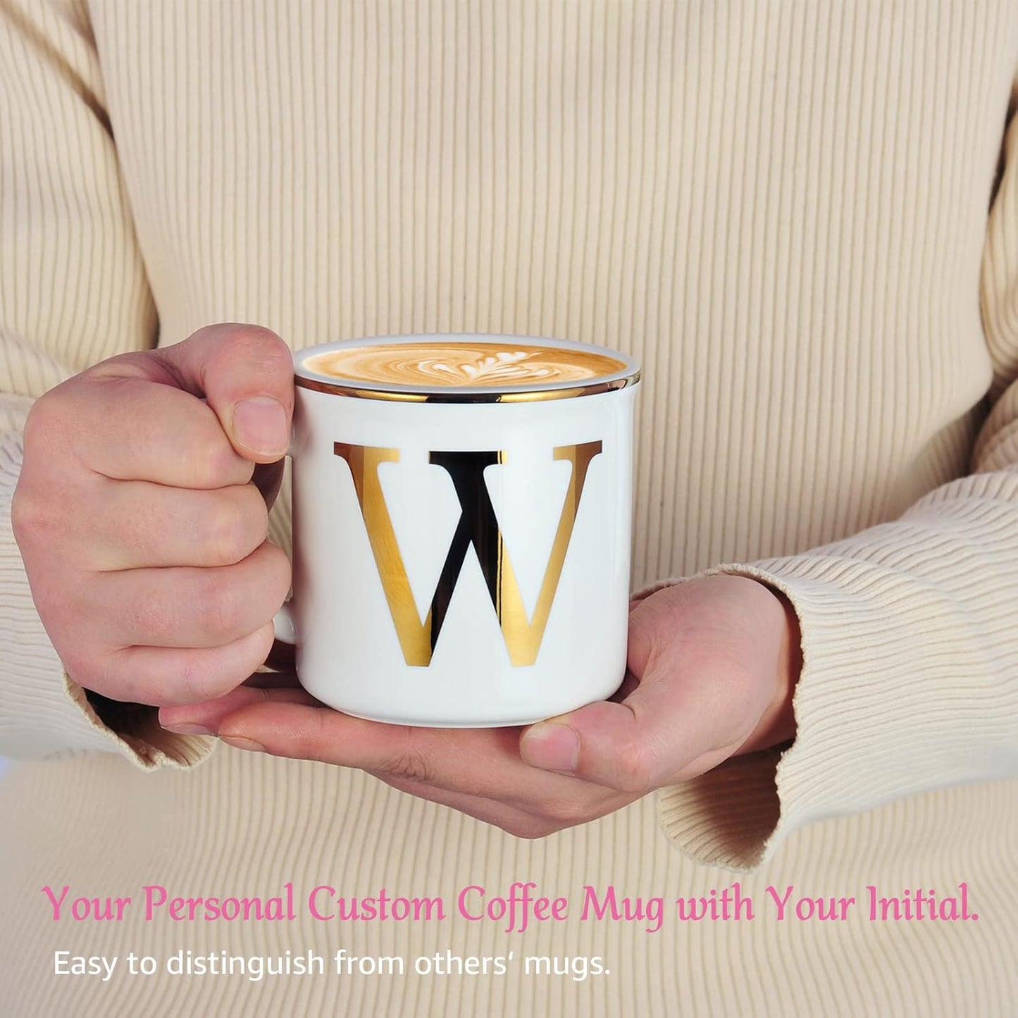 Miicol Ceramic Coffee Mug 16 oz, Monogram Coffee Cup, Golden Initial Tea Mug, Personalized Tea Cup, Unique Gift, Large Mug for Home, Office, Letter W