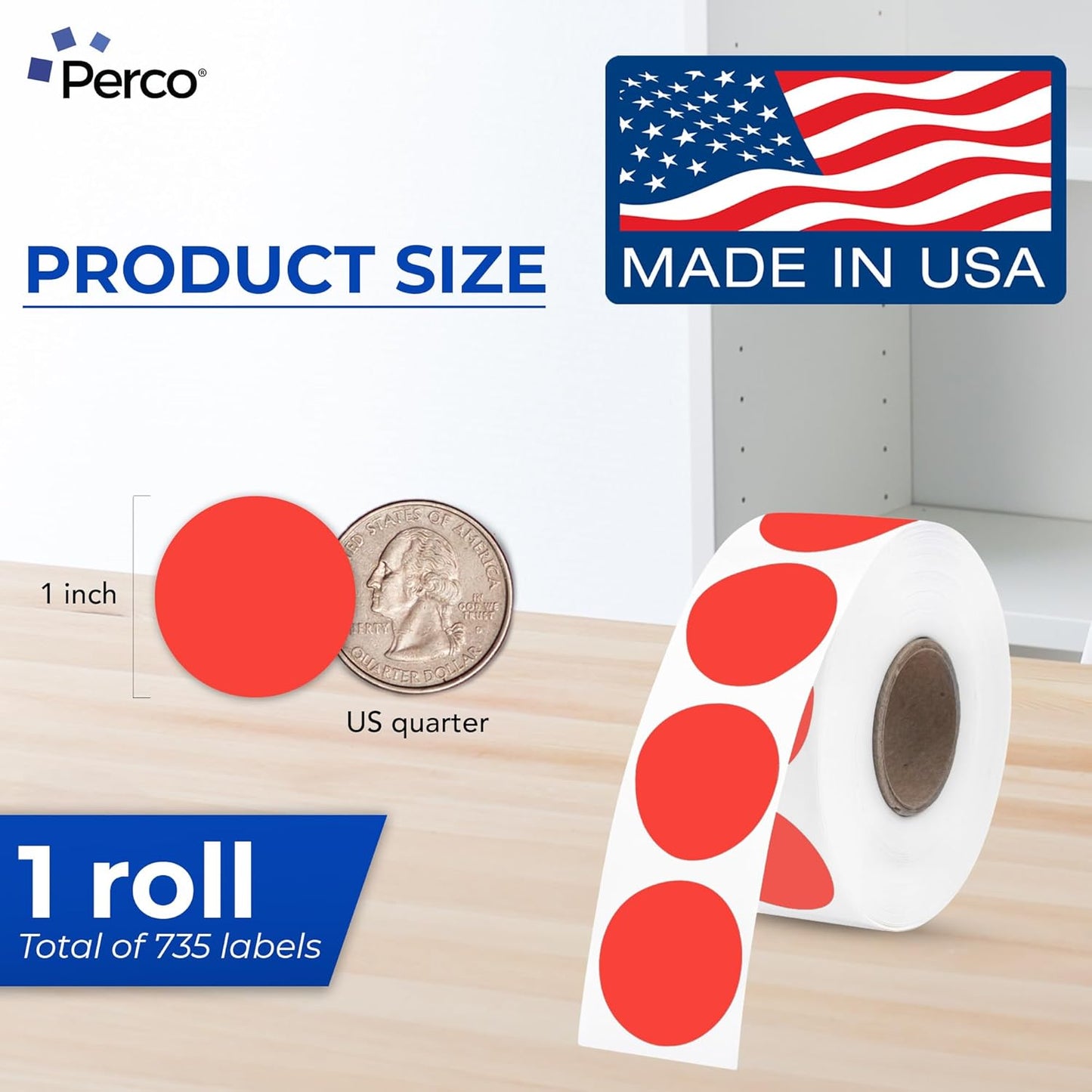 Perco Red 1-Inch Perforated Circle Dot Thermal Sticker Labels — 735 Stickers/Roll, Direct Thermal Printer Compatible—with Permanent Adhesive for Color Coding, Garage Sales, Crafts—Made in USA