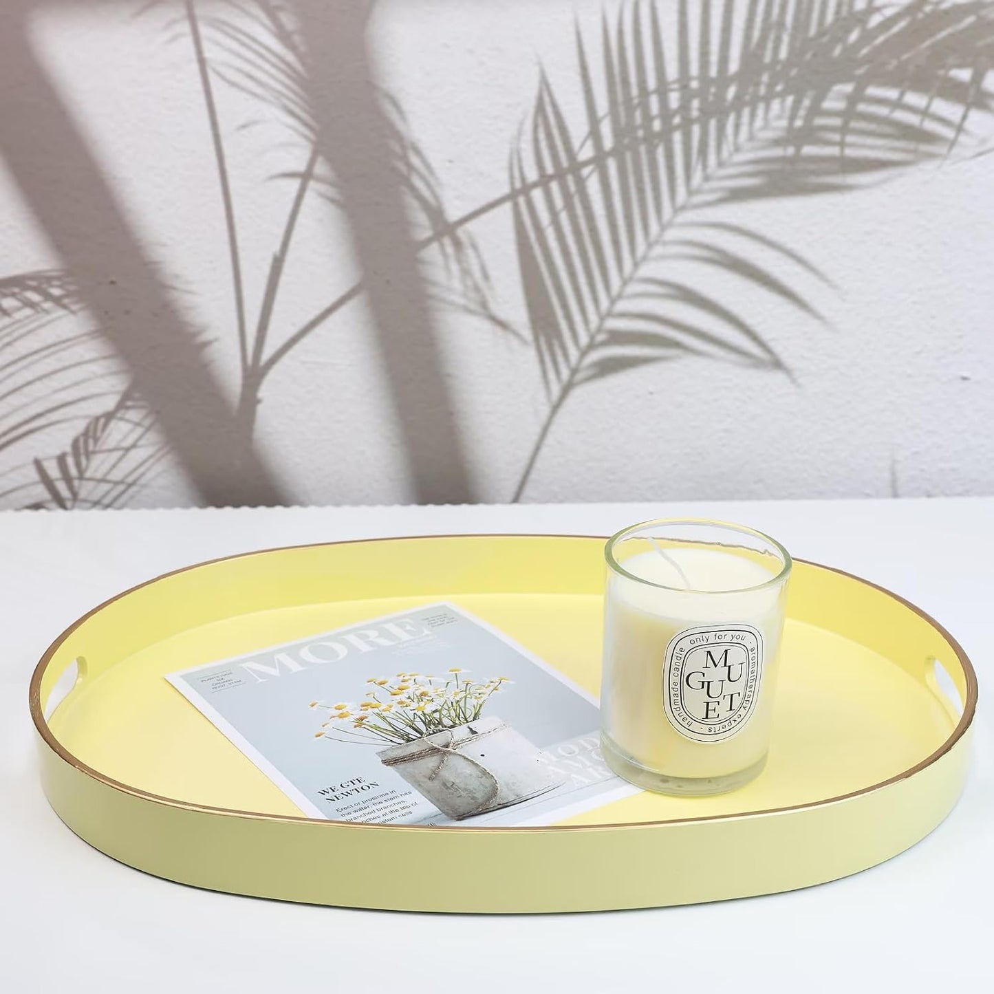 Spsyrine Yellow Plastic Serving Tray for Ottoman, Coffee Table, Oval Decorative Tray for Entertaining, Outdoor, Living Room, Home Decor