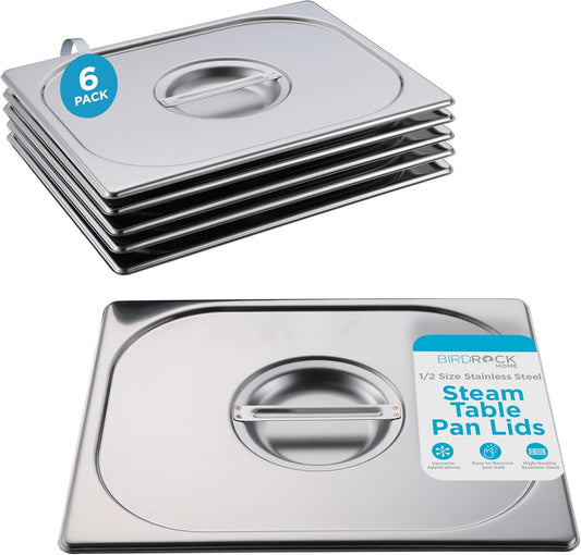 BIRDROCK HOME Stainless Steel Steam Table Pan Lids - Restaurant and Catering Supplies - 24 Gauge Steel - Perfect for Meal Prep, Cooking, and Food Storage Container - 6 Pack, Fits 1/2-Size Hotel Pans