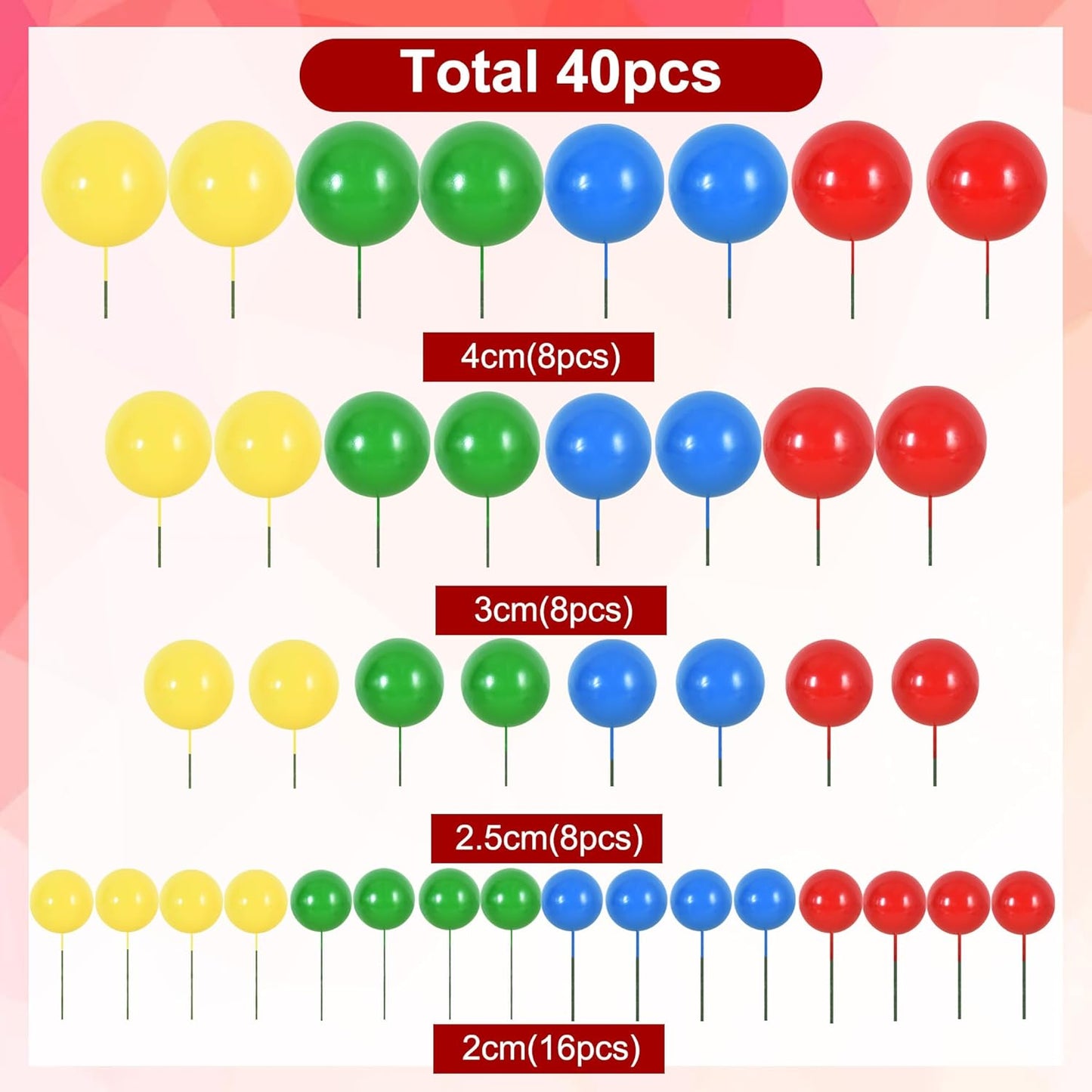 BEISHIDA 40 Pcs Mini Balls Cake Toppers - Foam Balls DIY Cake Topper Inserts for Birthday Wedding Baby Shower Anniversary Cake Decorations (Red Blue Yellow Green)