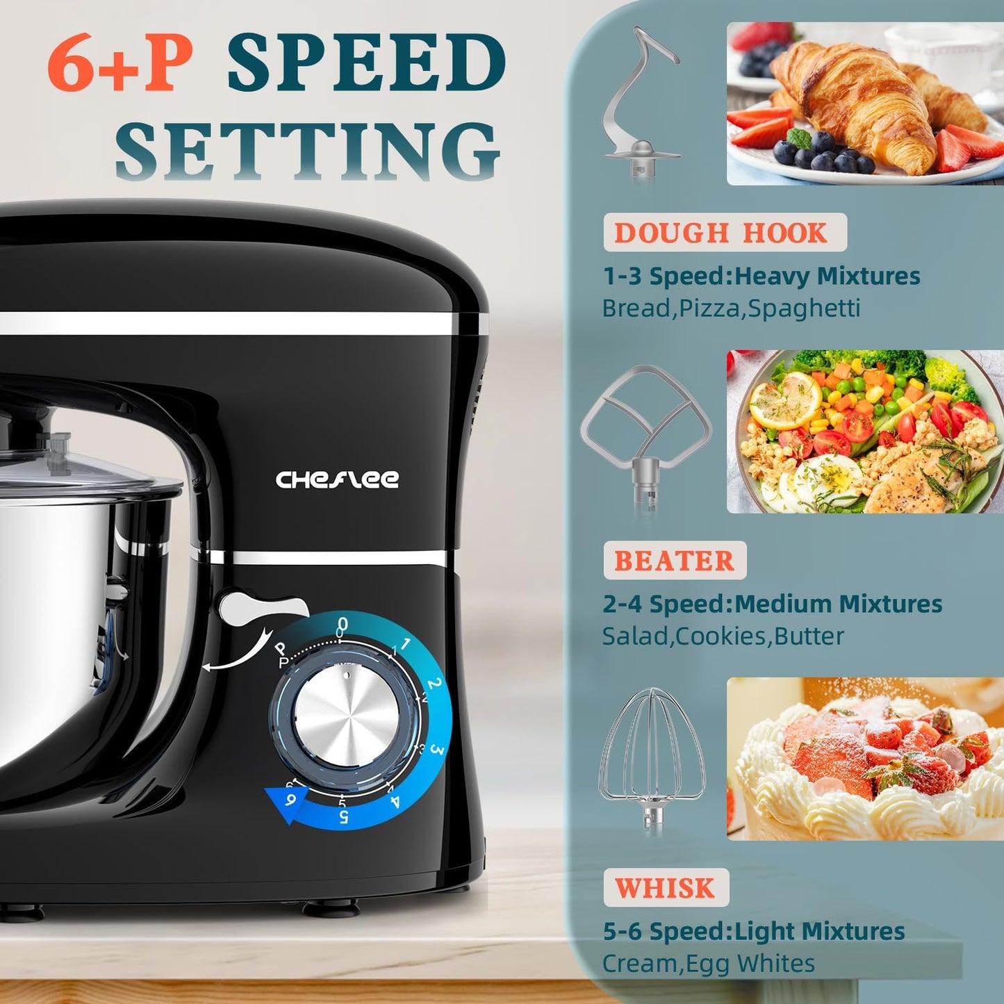 CHeflee Stand Mixer,660W 6+P With 6.5QT Stainless Steel Bowl,Dough Hook, Wire Whip & Beater,for Most Home Cooks,Black