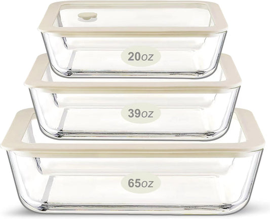 Urban Green Glass Food Container Set with Silicone Glass Lid, Large Size 3 Pack, Meal Prep Food Storage Containers with Airtight Lids, Leakproof, 100% Plastic Free, White color
