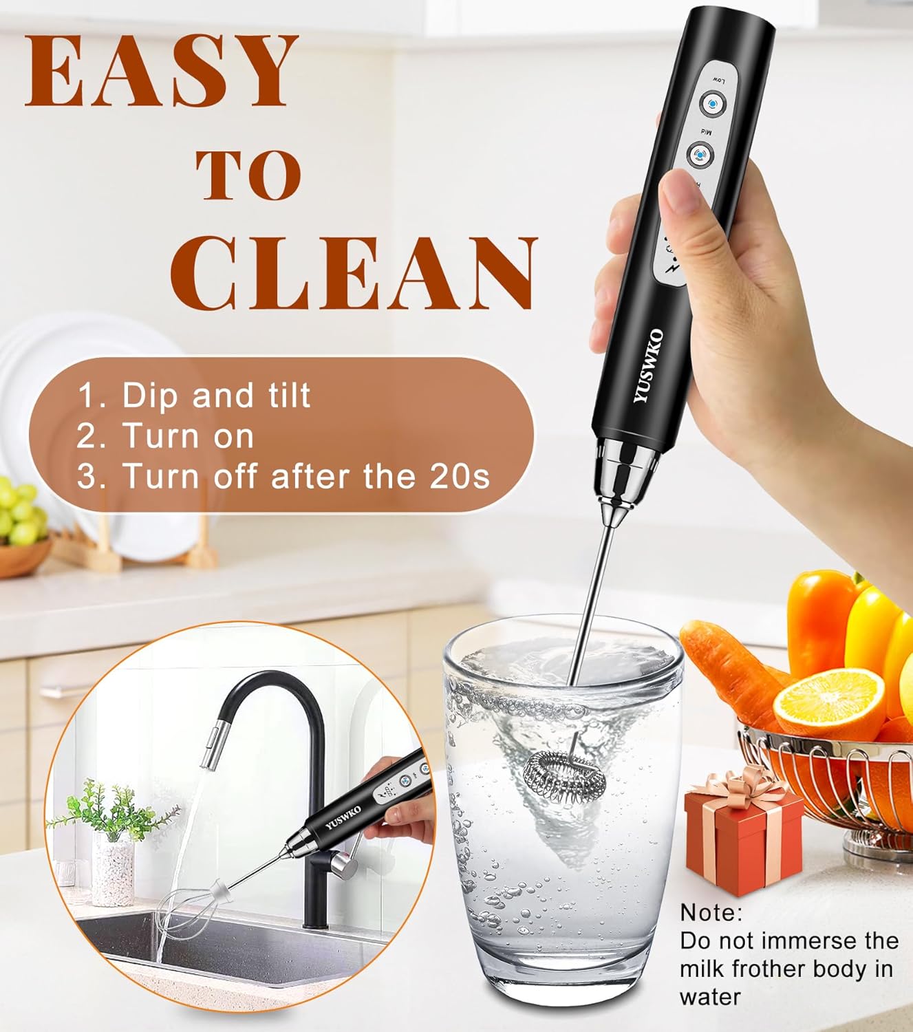 YUSWKO Milk Frother Handheld for Coffee, Rechargeable Drink Mixer with 3 Heads 3 Speeds Electric Coffee Frother Whisk, Gift for Many Occasions and Festival