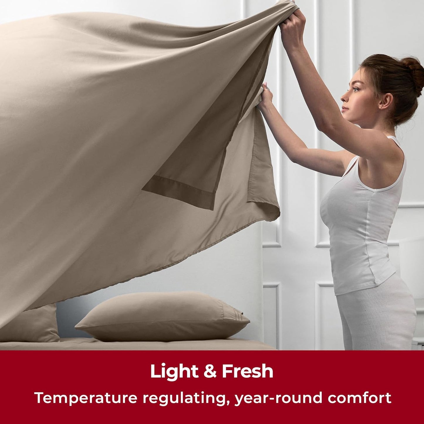 Mellanni Split King Sheets Set - 5 PC Iconic Collection Bedding - Hotel Luxury, Extra Soft, Cooling Bed Sheets - Wrinkle, Fade, Stain Resistant (Split King, Tan)