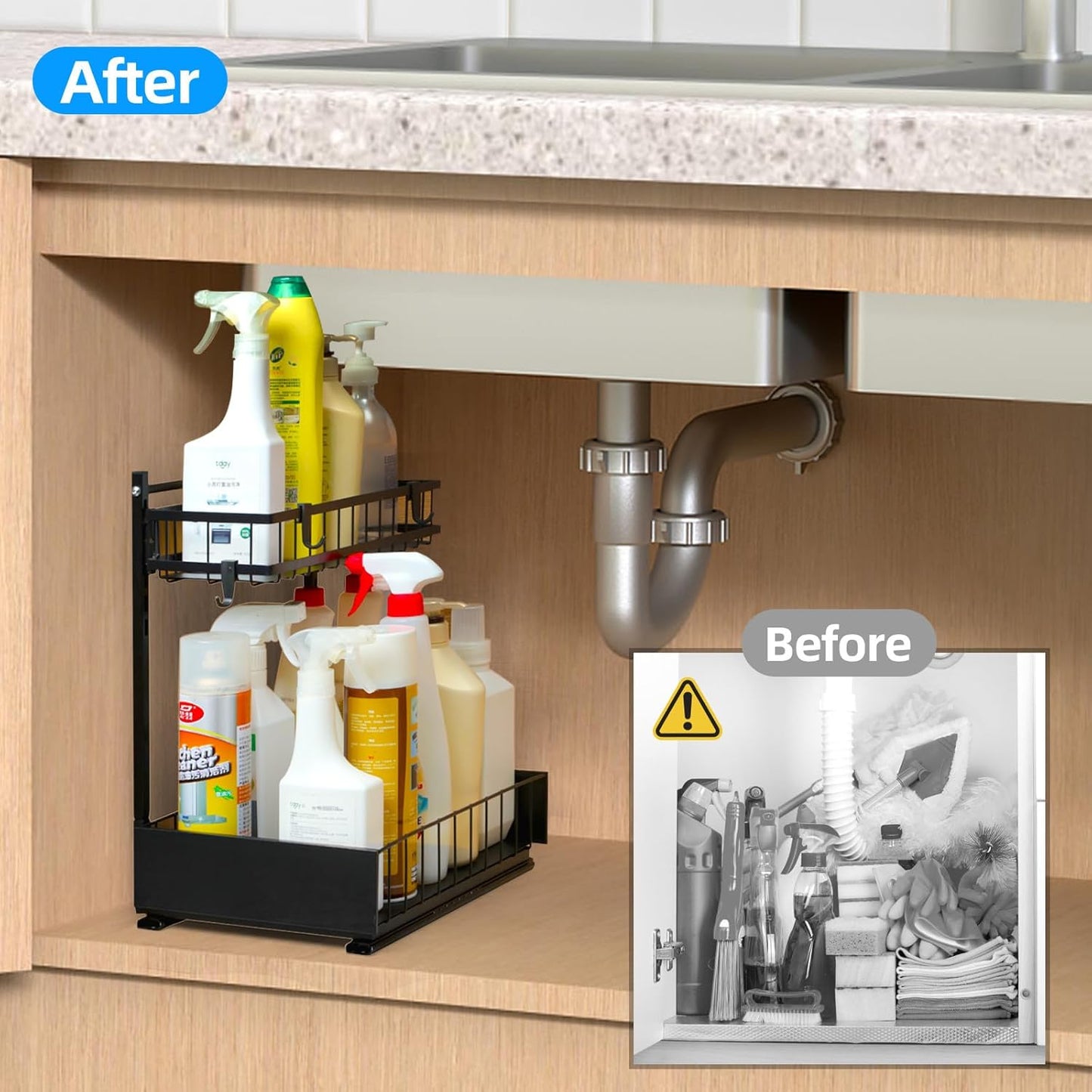 Under Sink Organizer and Storage Shelves With Sliding Drawe, 2 Tier Pull Out Sink Organizers And Storage, Metal Sliding Drawer for Kitchen Bathroom Pantry Cabinet Closet Organization Rack, Black