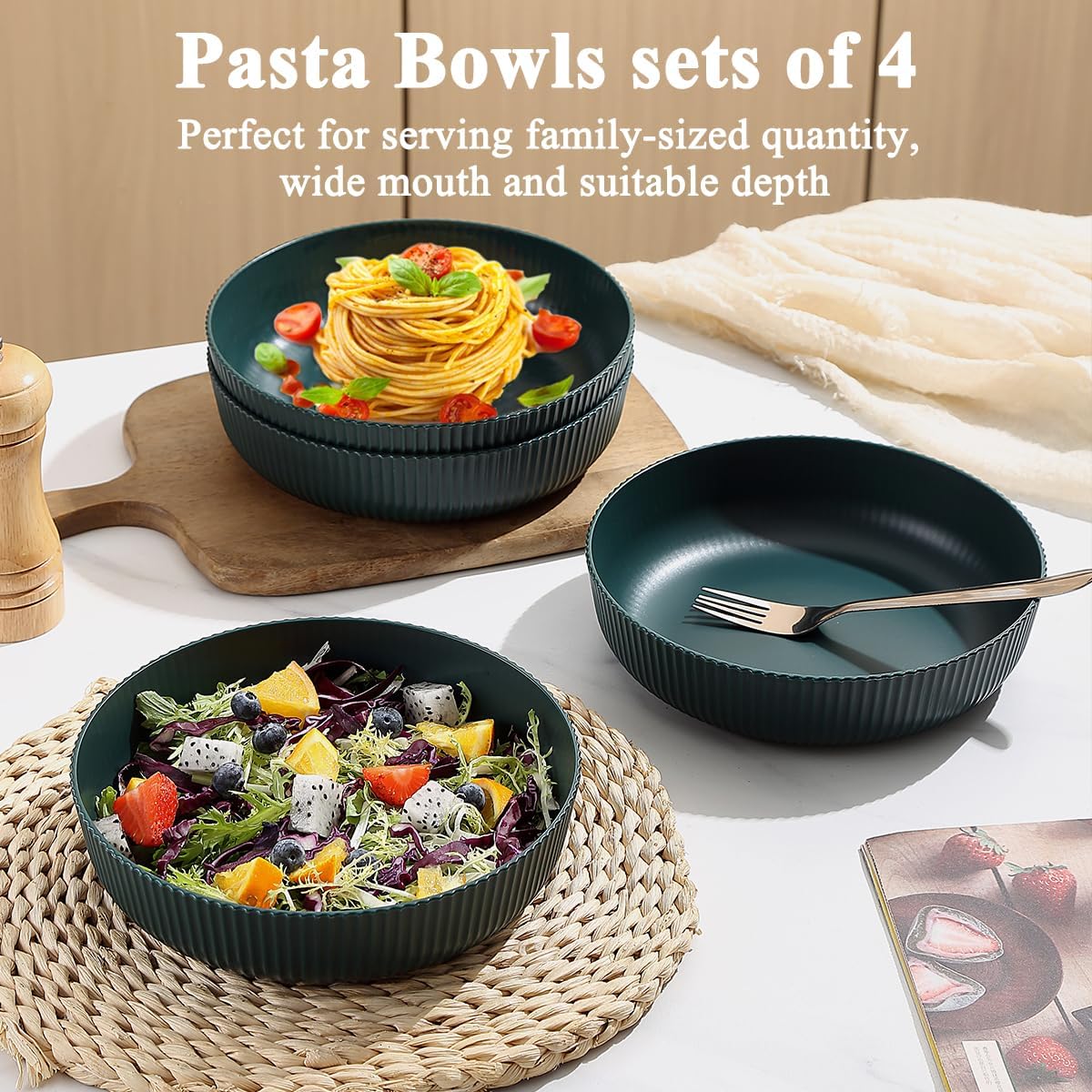 Kyraton Pasta Bowls Set of 4, 37oz Salad Bowls Soup Bowls Large Pasta Serving Bowl Plastic Unbreakable Serving Dishes Dinner Bowls (Dark Green)