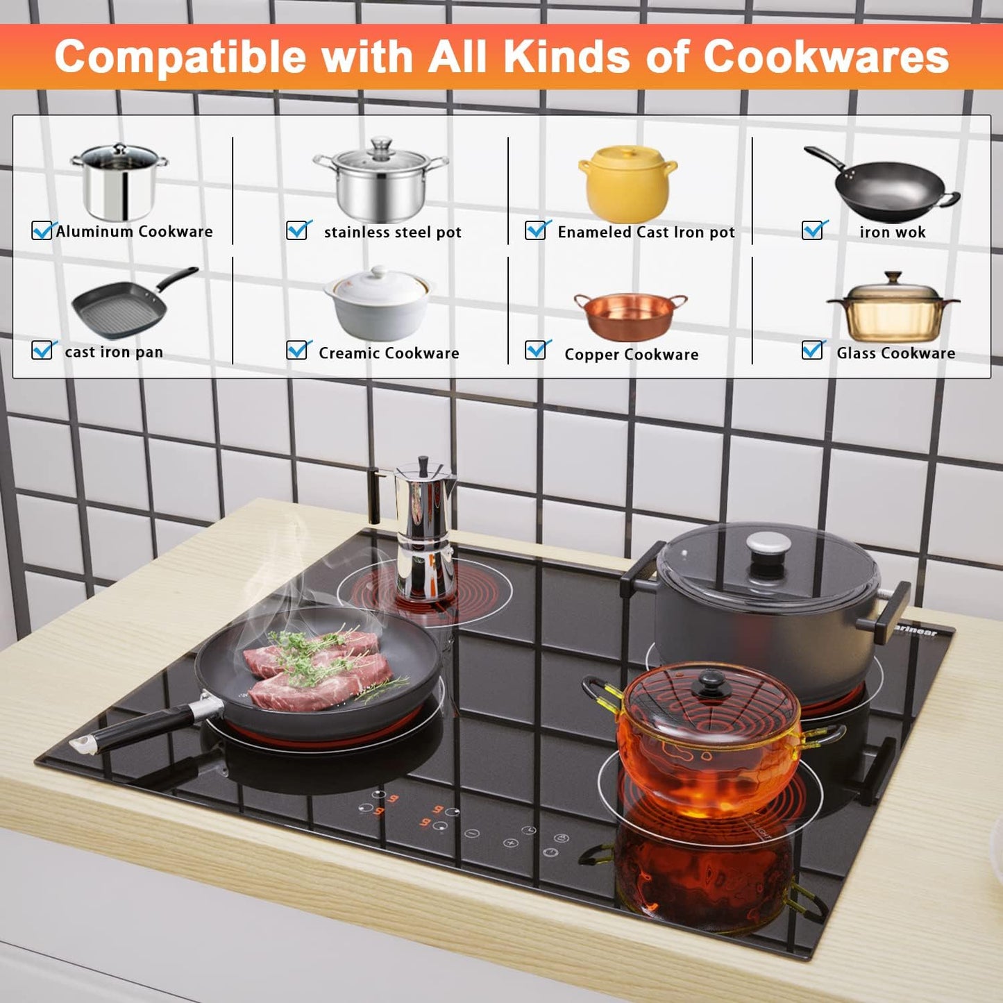 Karinear Drop-in 4 Burner Electric Cooktop 24 Inch Radiant Cooktop, Electric Stove Top with Residual Heat Indicator, Child Safety Lock, Timer, 220-240V, 6000W, Hard Wire(No Plug)