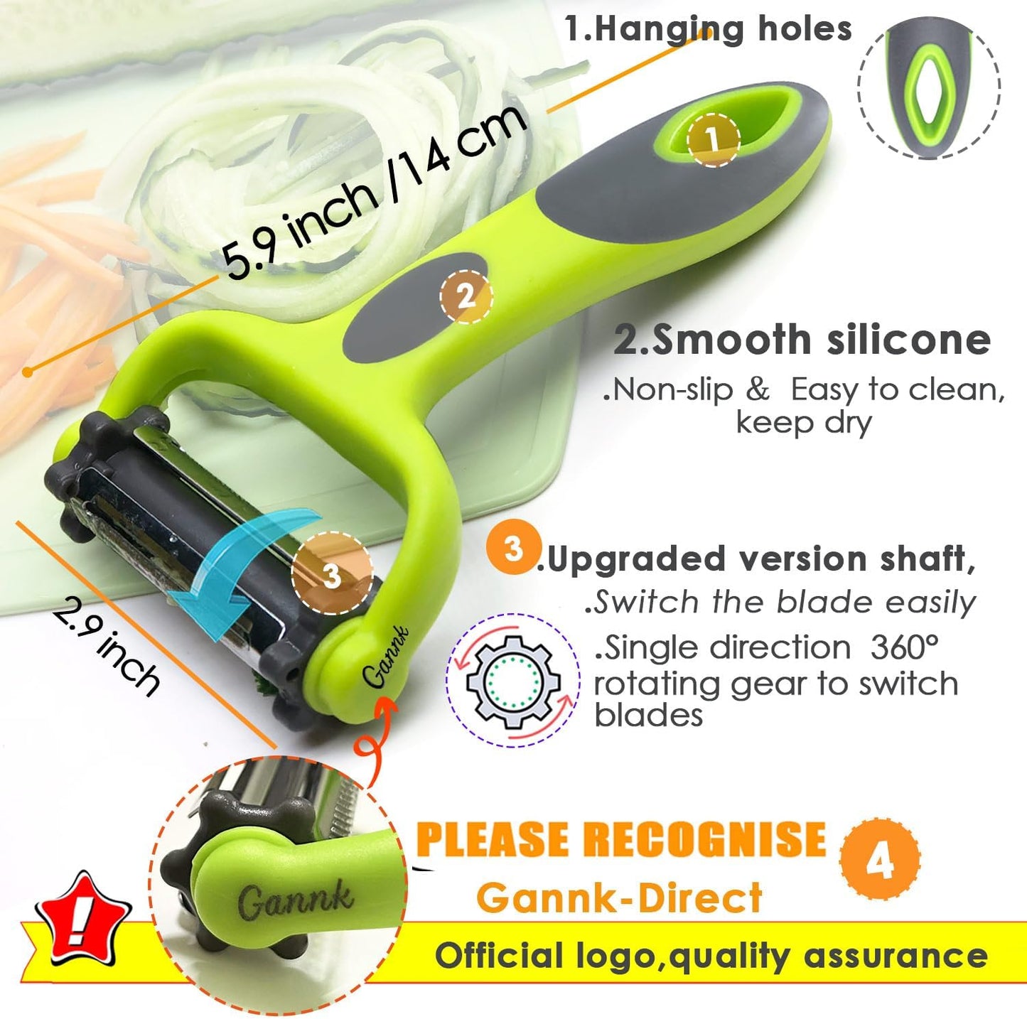GANNK Potato Apple Vegetable Peelers for Kitchen, I and Y Peelers for Fruit Veggie Potatoes Carrot Cucumber, 3 in 1 Blade Spin Design With Julienne Function