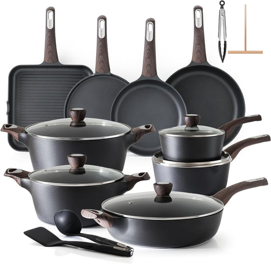 SENSARTE Pots and Pans Set Non stick, Non toxic Healthy Induction Cookware Sets, 26 Pcs Nonstick Kitchen Cooking Set, w/Frying Pans Set, Saucepans Set, Stockpots Set, PFOA PFOS Free, Black