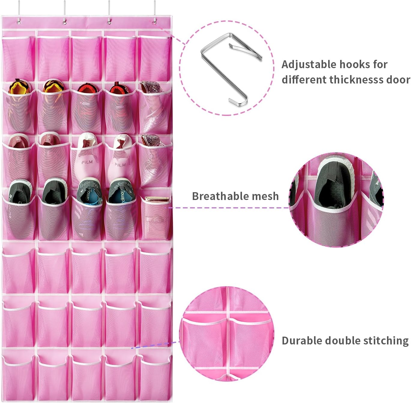 35 Pockets Over the Door Shoe Organizer, Hanging Shoe Organizer for Door with 35 Mesh Pockets Large Capacity Shoe Hanging Storage Bag with 4 Metal Hooks (Pink-1Pack)