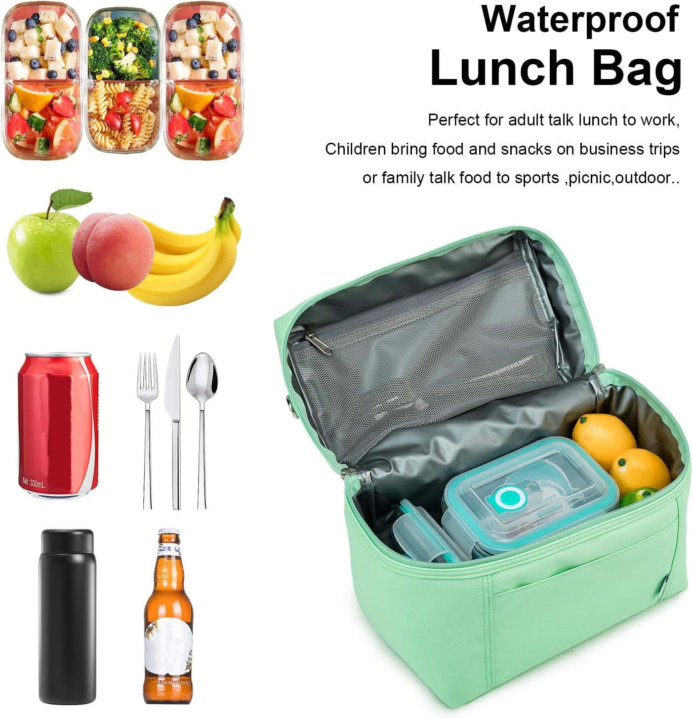 NOL Natural Organic Lifestyle Insulated Lunch Bags for Women Cooler Bag Lightweight Nylon Waterproof Lunch Box For Work (Medium(normal), Mint green)