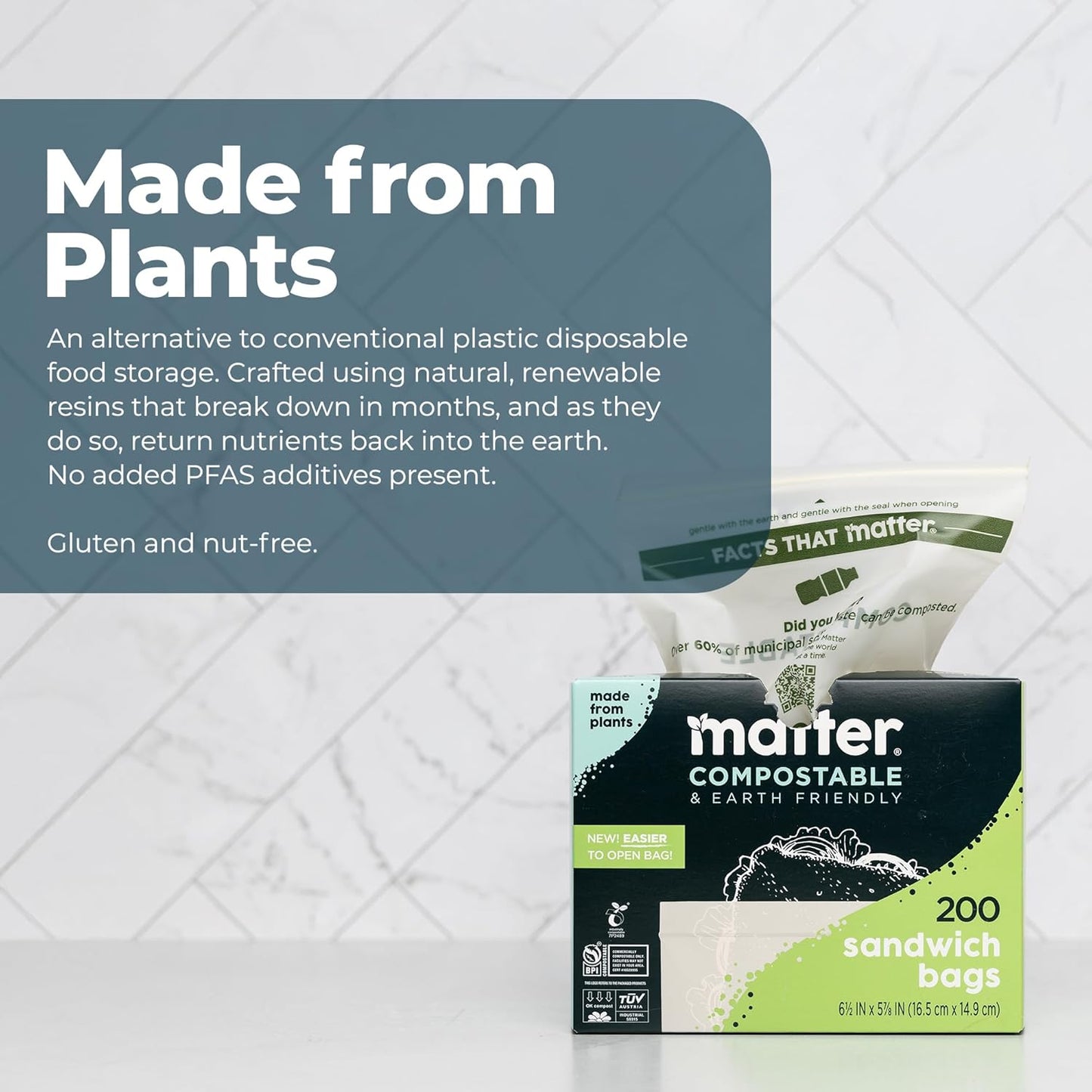 Matter Compostable Sandwich Bags for Food Storage, Eco-Friendly, Resealable, 200 Count