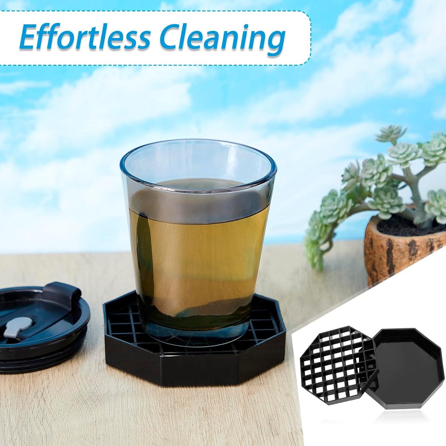 Suclain 4 Pcs 4 Inch Coffee Drip Tray Black Plastic Octagon Coffee Countertop Drip Coaster with Honeycomb Grid for Drink Tea Wine Beverage Dispenser