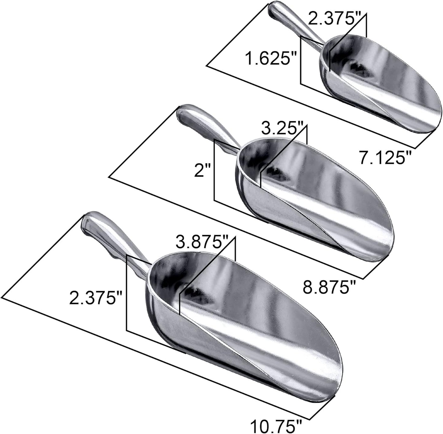 Amazing Abby - Elsa - Aluminum Ice Scoops (3-Piece Set), Cast Aluminum Utility Scoops, 5/12/24-Ounce Capacity, Food-Grade, Good for Home and Commercial Use, NOT Dishwasher-Safe, Hand-Wash Recommended