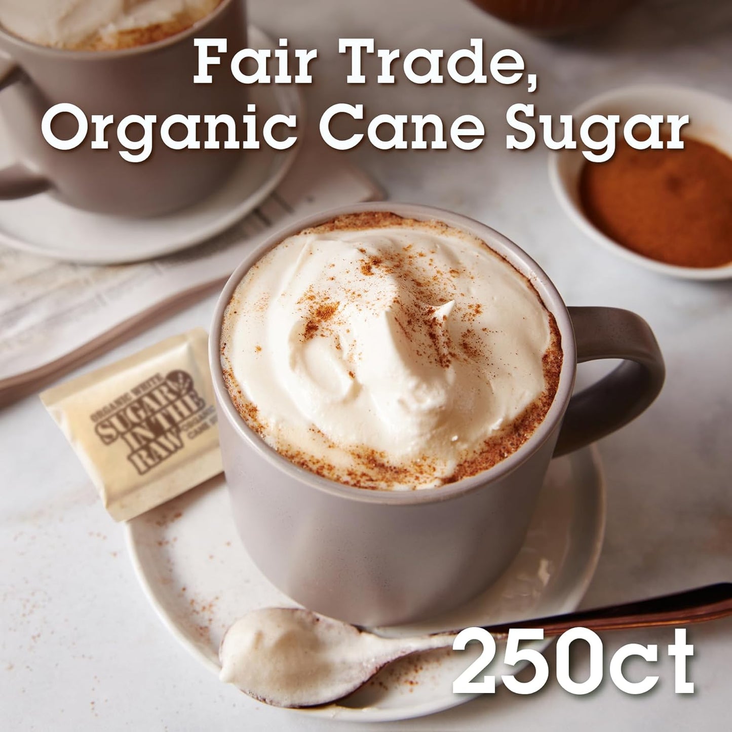 Sugar In The Raw Organic Granulated White Premium Cane Sugar, No Added Flavors or erythritol, Pure Natural Sweetener, Hot & Cold Drinks, Coffee, Tea Vegan, Gluten-Free, Non-GMO, Bulk Sugar, 250 ct packets (1-Pack)