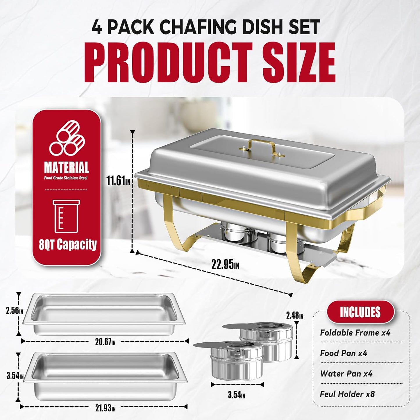 Chafing Dish Buffet Sets of 4, 8QT Stainless Steel Rectangular Chafers and Buffet Warmer Sets for Catering, with Food & Water Pan, Lid, Gold Foldable Frame, Fuel Holder for Event Party Holiday