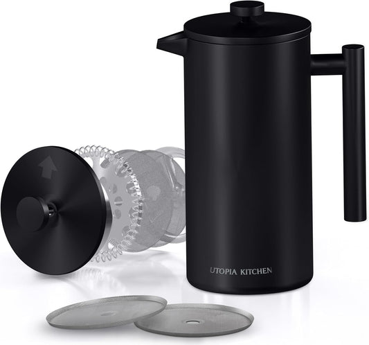 Utopia Kitchen French Press Coffee Maker, Double Wall Insulated Stainless Steel Coffee Press with 4-Level Filtration system, Includes 2 Extra Filters, Rust-Free, Dishwasher Safe (Black, 17 Ounce)